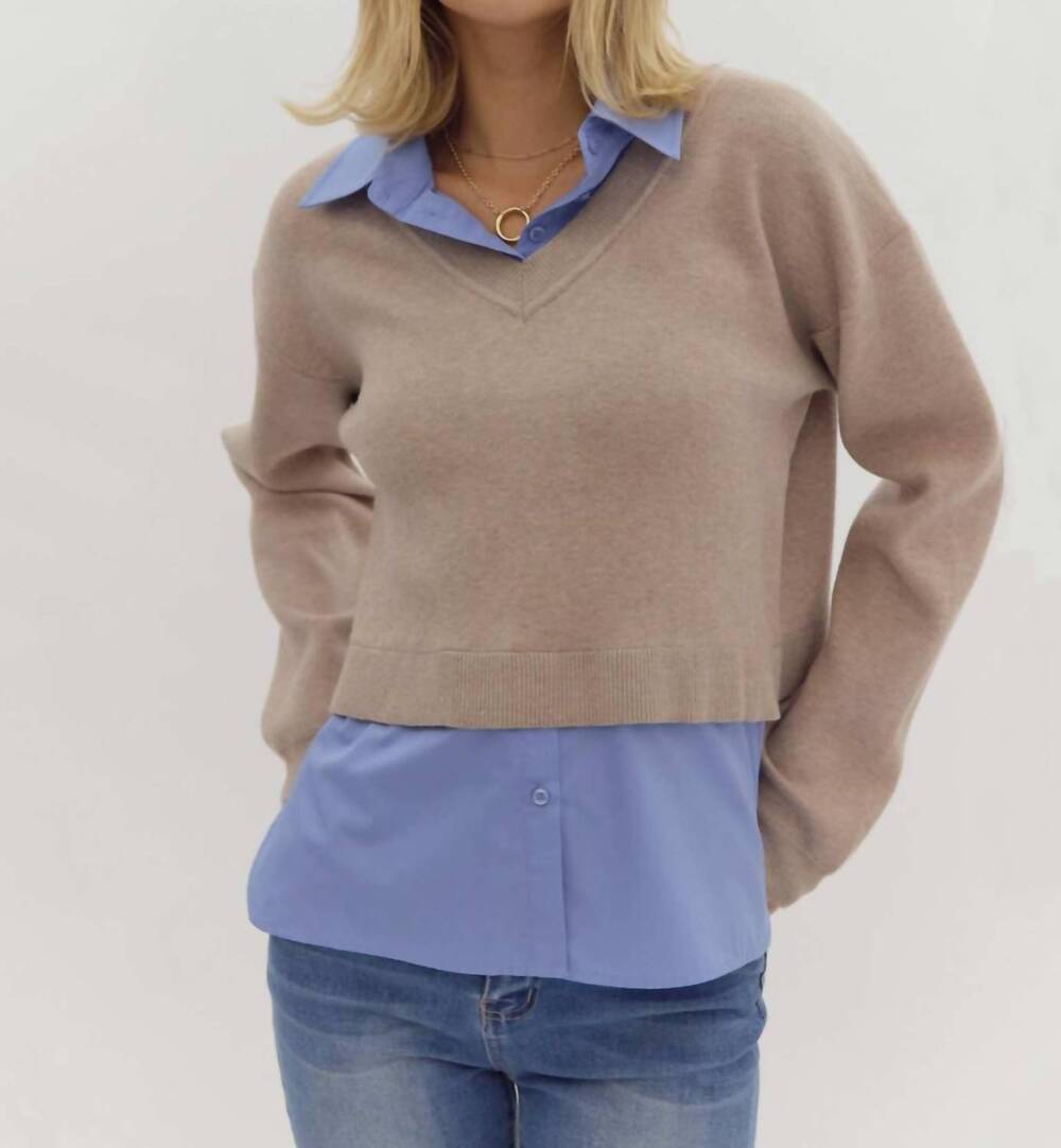 NEW ENTRO trim twofer shirt in taupe/blue